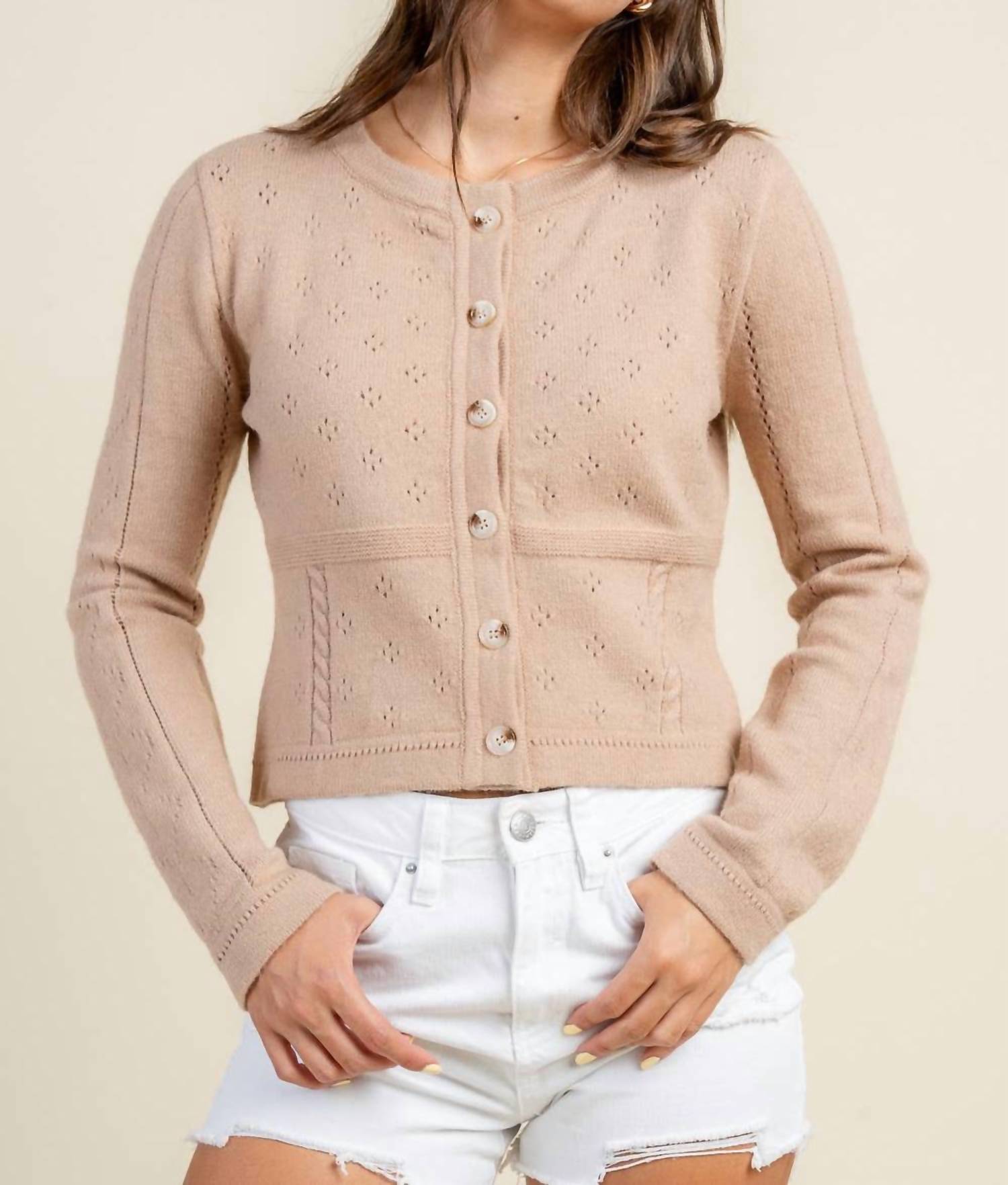 Beivy Crop Button Down Sweater in beige - women's cardigan - view 4