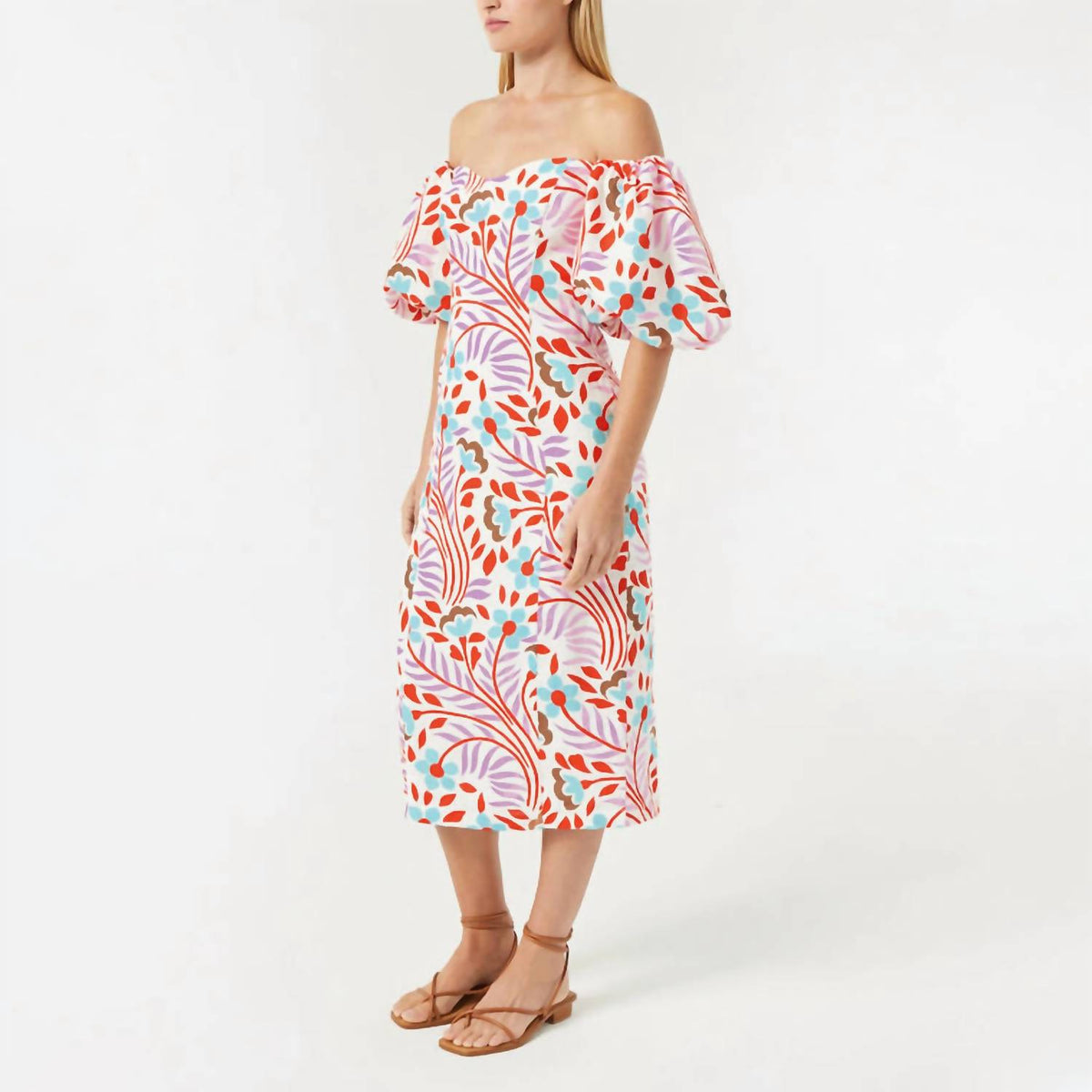 RHODE Karima Off The Shoulder Linen Midi Dress in lago vine print - women's dress - detail view