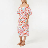 RHODE Karima Off The Shoulder Linen Midi Dress in lago vine print - women's dress - detail view