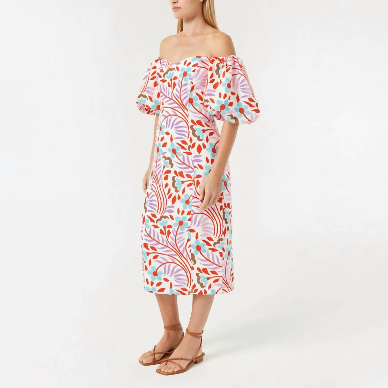 RHODE Karima Off The Shoulder Linen Midi Dress in lago vine print - women's dress - detail view
