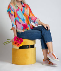APNY Roll-up Sleeve Chiffon Button-up Shirt in orange multi - women's blouse - view 5
