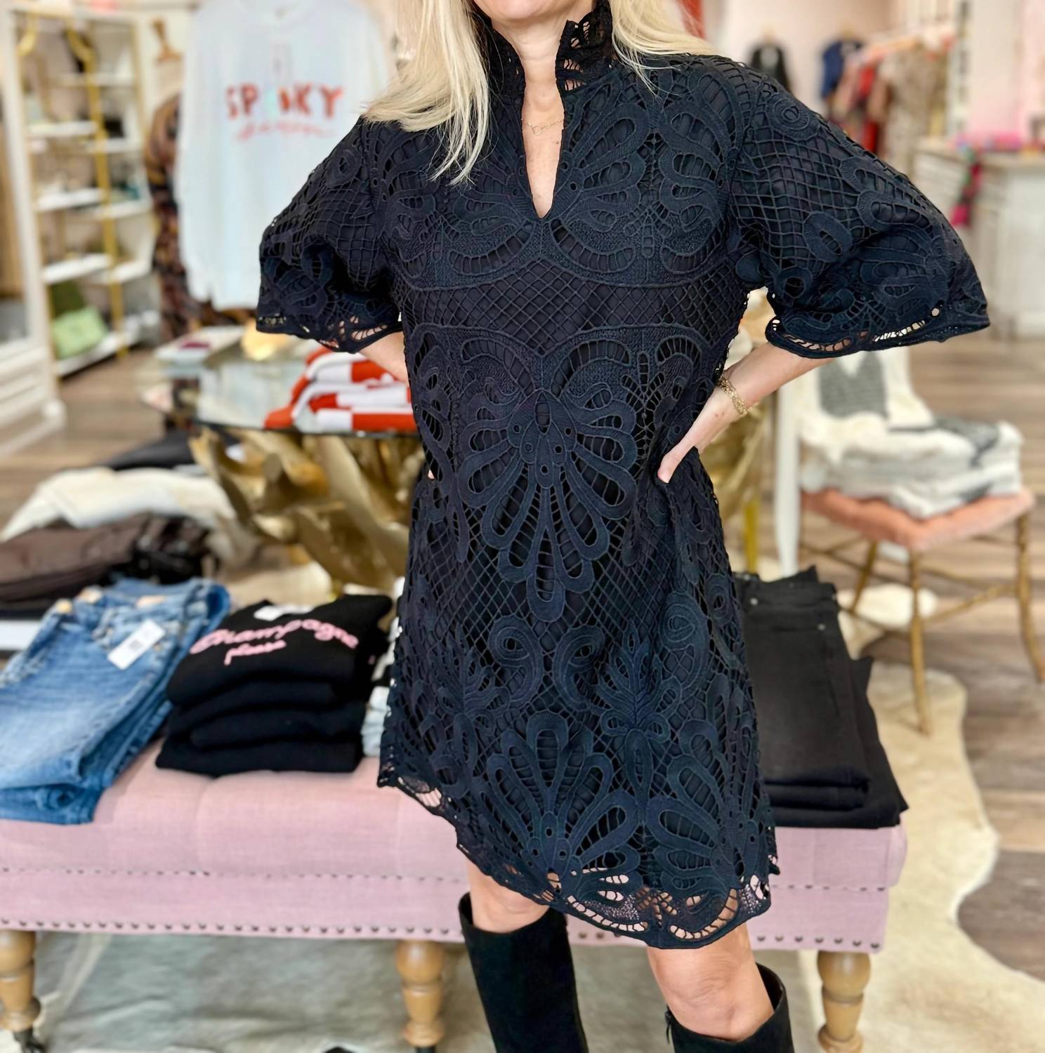 Jade - Lace High Neck Tunic Mini Dress
