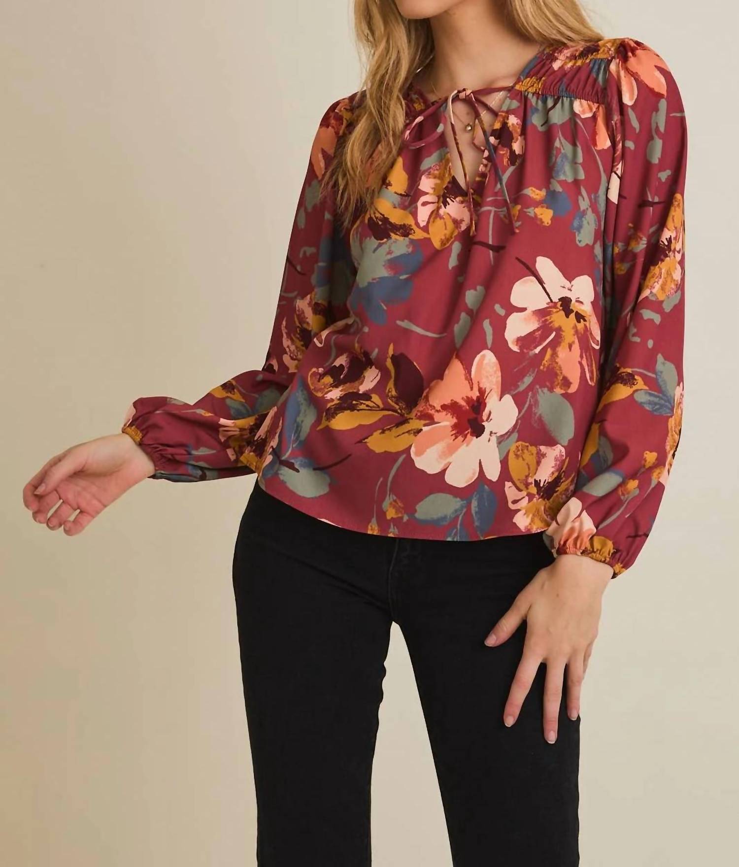 Gilli - V-neck Front Tie Long Sleeve Top