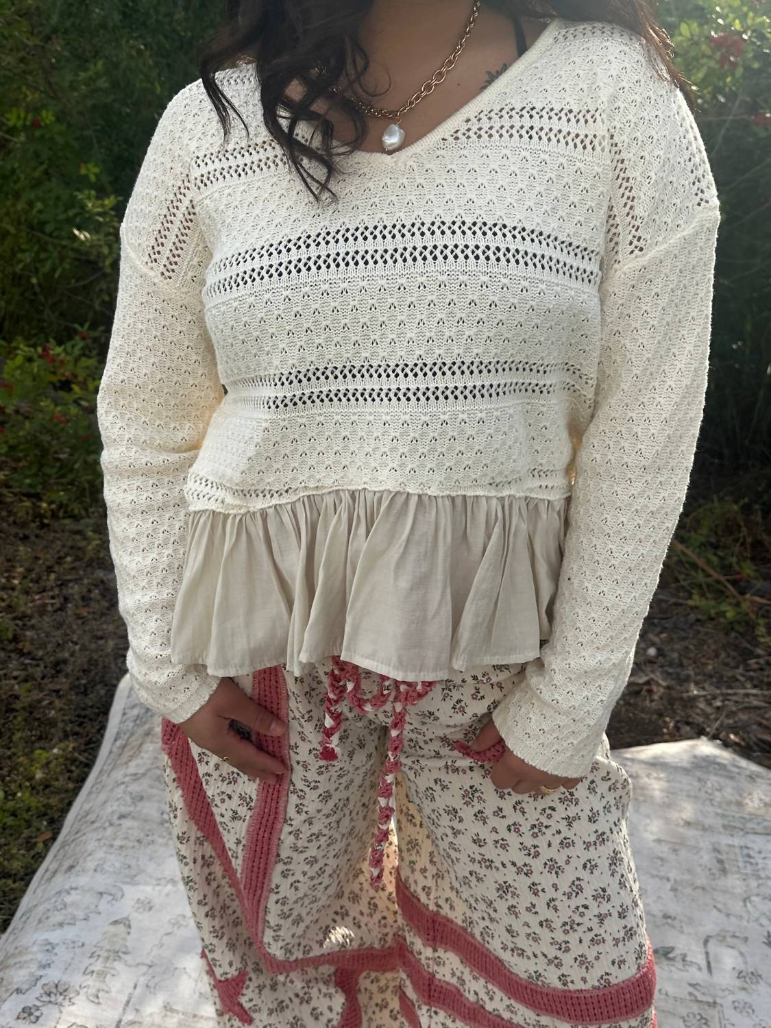 In February - Ruffle Hem Lightweight V-neck Sweater Top