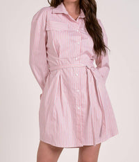 ELAN Long Sleeve Belted Shirt Dress in melon stripe - women's dress