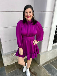 Entro - Shadow Stripe Mock Neck Long Sleeve Tiered Mini Dress