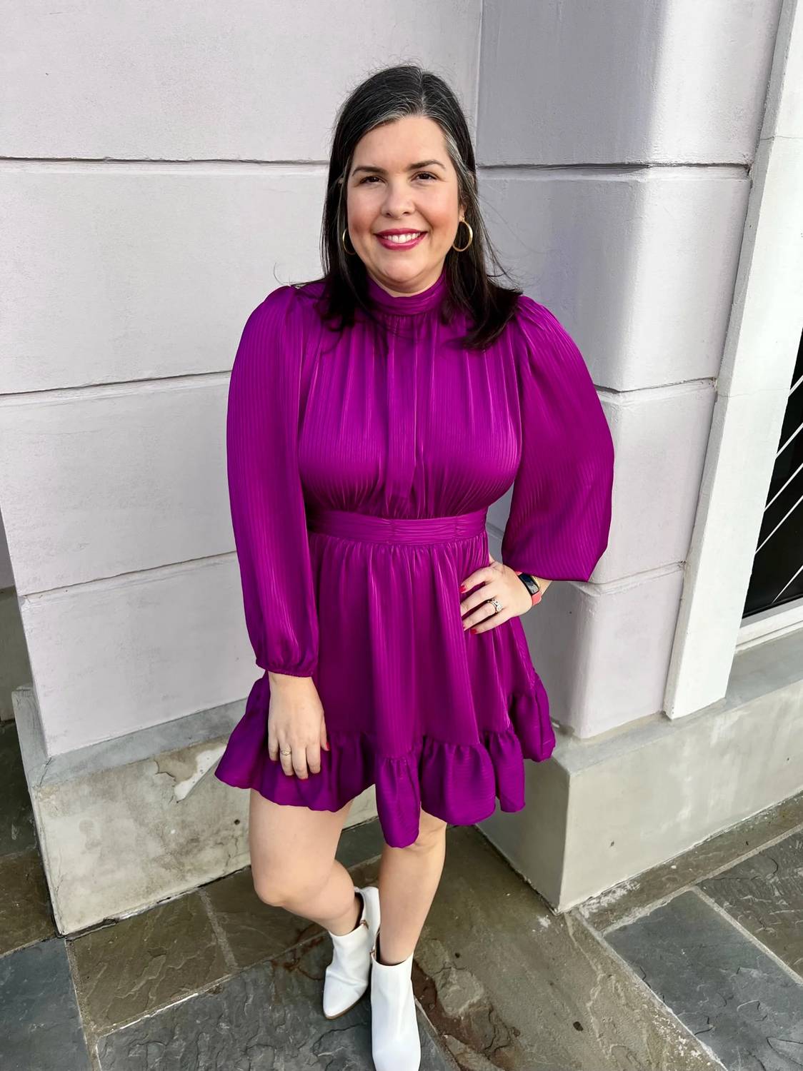 Entro - Shadow Stripe Mock Neck Long Sleeve Tiered Mini Dress