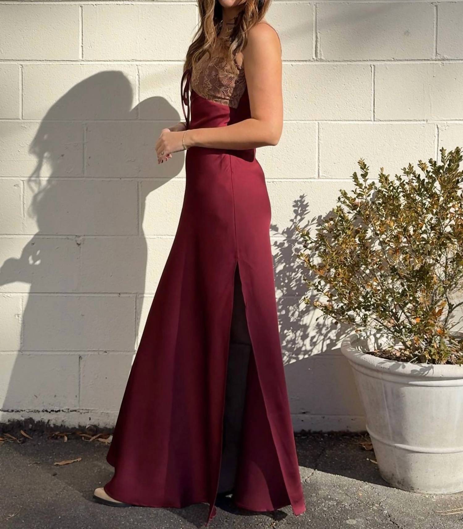 DRESS FORUM Aitana Satin Maxi Dress in sangria - women's dress - detail view