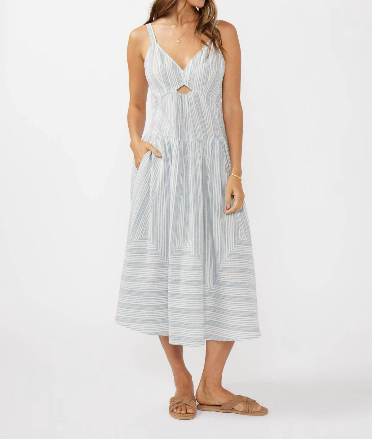 Lovestitch - Striped V Cut-out Midi Dress