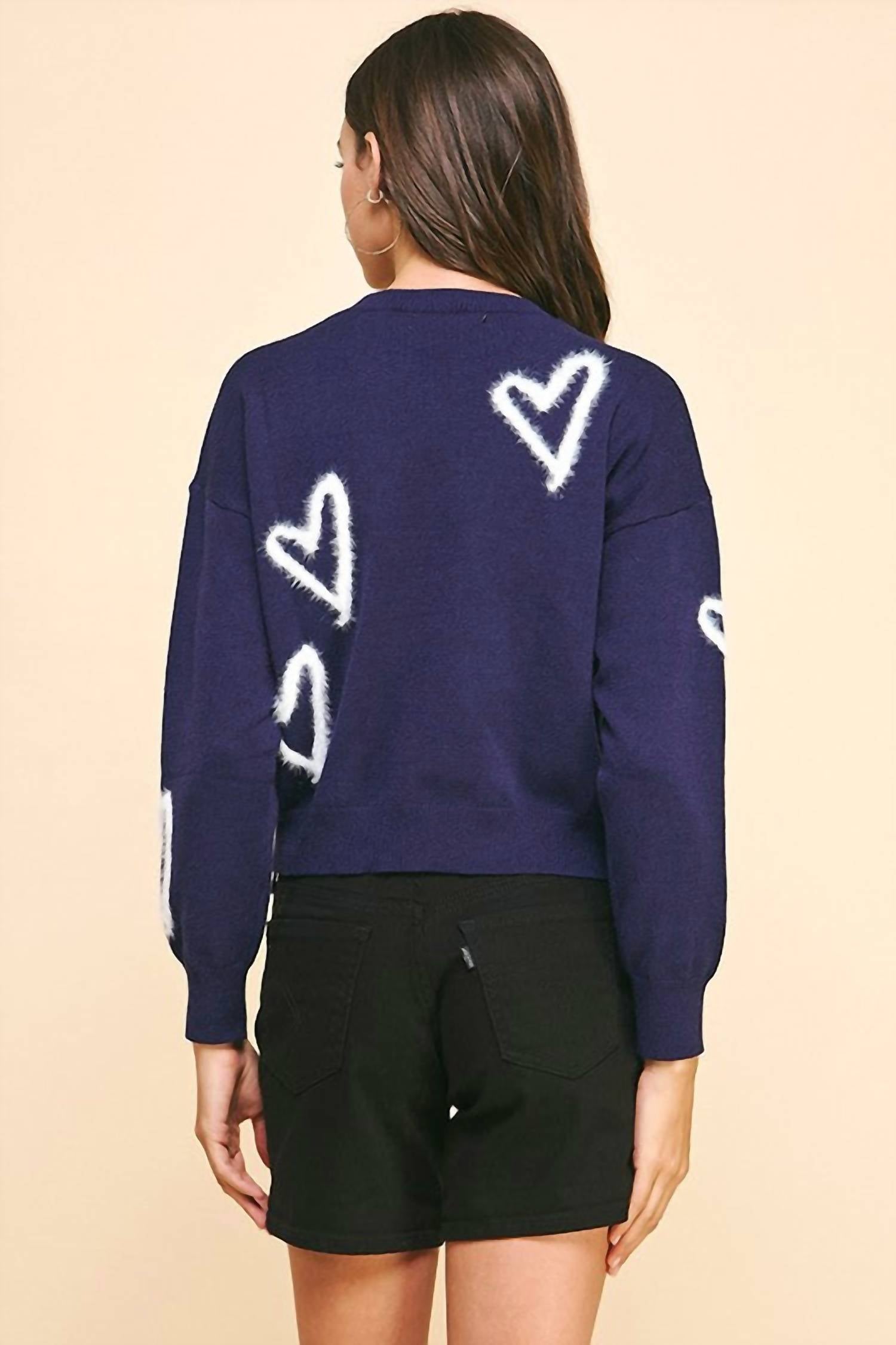 PINCH Heart Pullover Sweater in navy - women's sweater - detail view