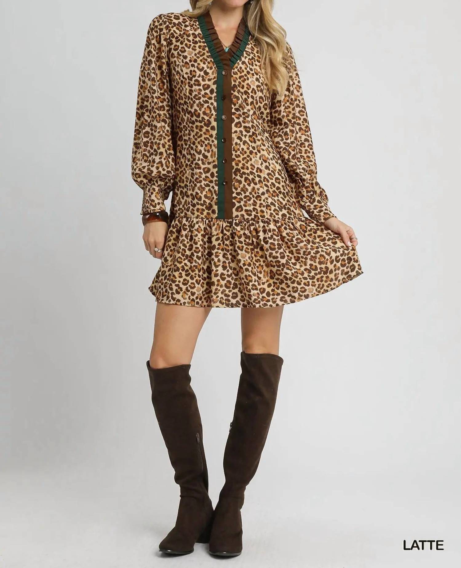 Umgee - Women's Leopard Print Long Sleeve Mini Dress