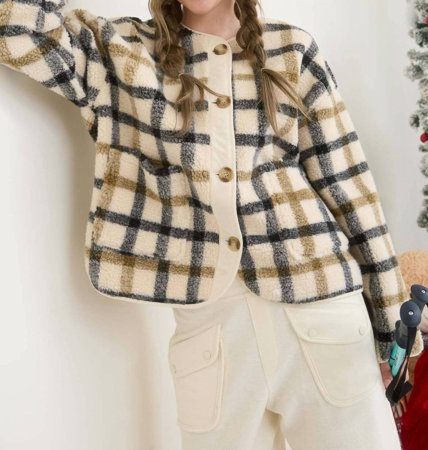 Blu Pepper Teddy Sherpa Jacket in cream plaid - women's jacket - view 4