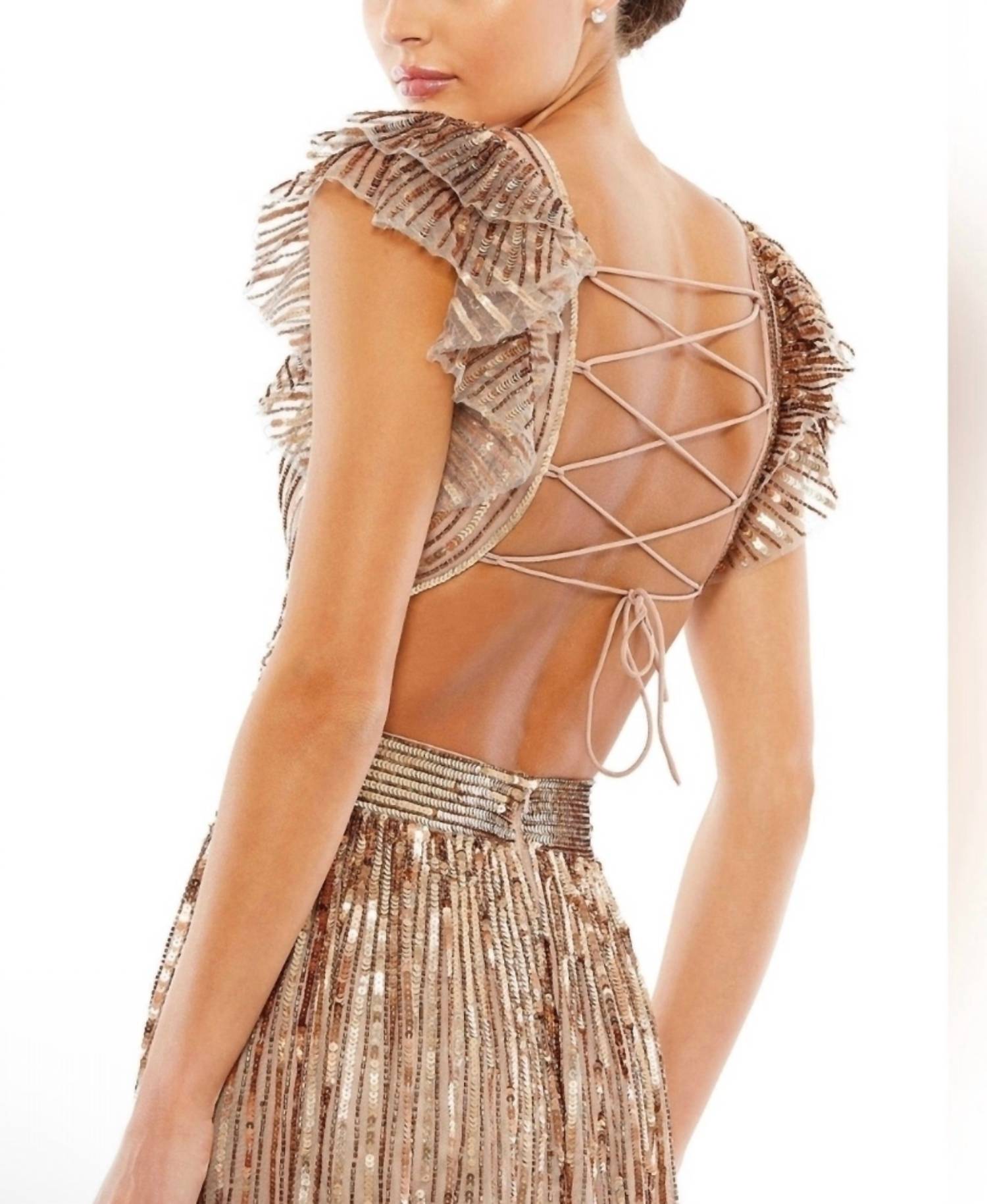 MAC DUGGAL Sequin Cutout Lace Up Back Gown in copper - women's dress - view 4