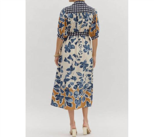 Entro - Botanical Print Three Quarter Sleeve Midi Shirt Dress