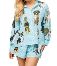 QUEEN OF SPARKLES Gingham Queen Of Dogs Button Up Long Sleeve Top in aqua - women's shirt