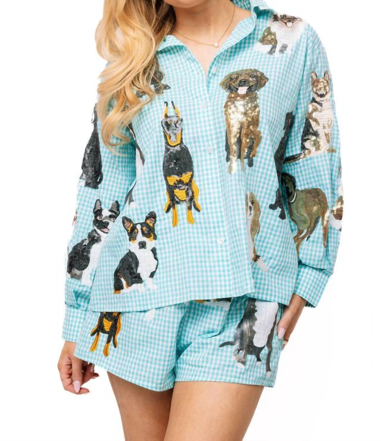 QUEEN OF SPARKLES Gingham Queen Of Dogs Button Up Long Sleeve Top in aqua - women's shirt