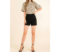 Thml - Floral Print Puff Sleeve High Neck Top With Short Sleeve