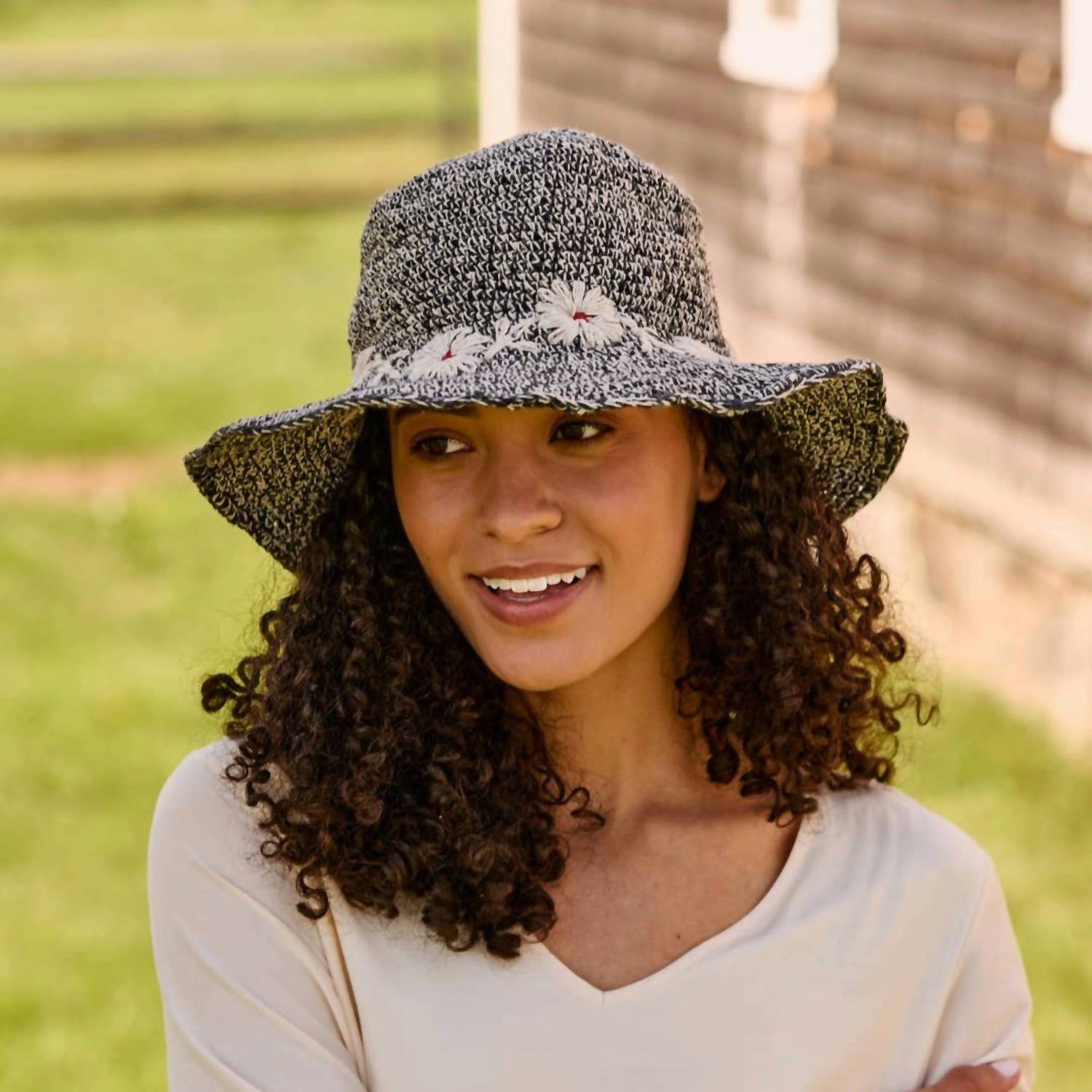 By Many Hands - Fleur Salt & Coal Sun Hat UPF 35: Defined-Curve (Fixed Shape)