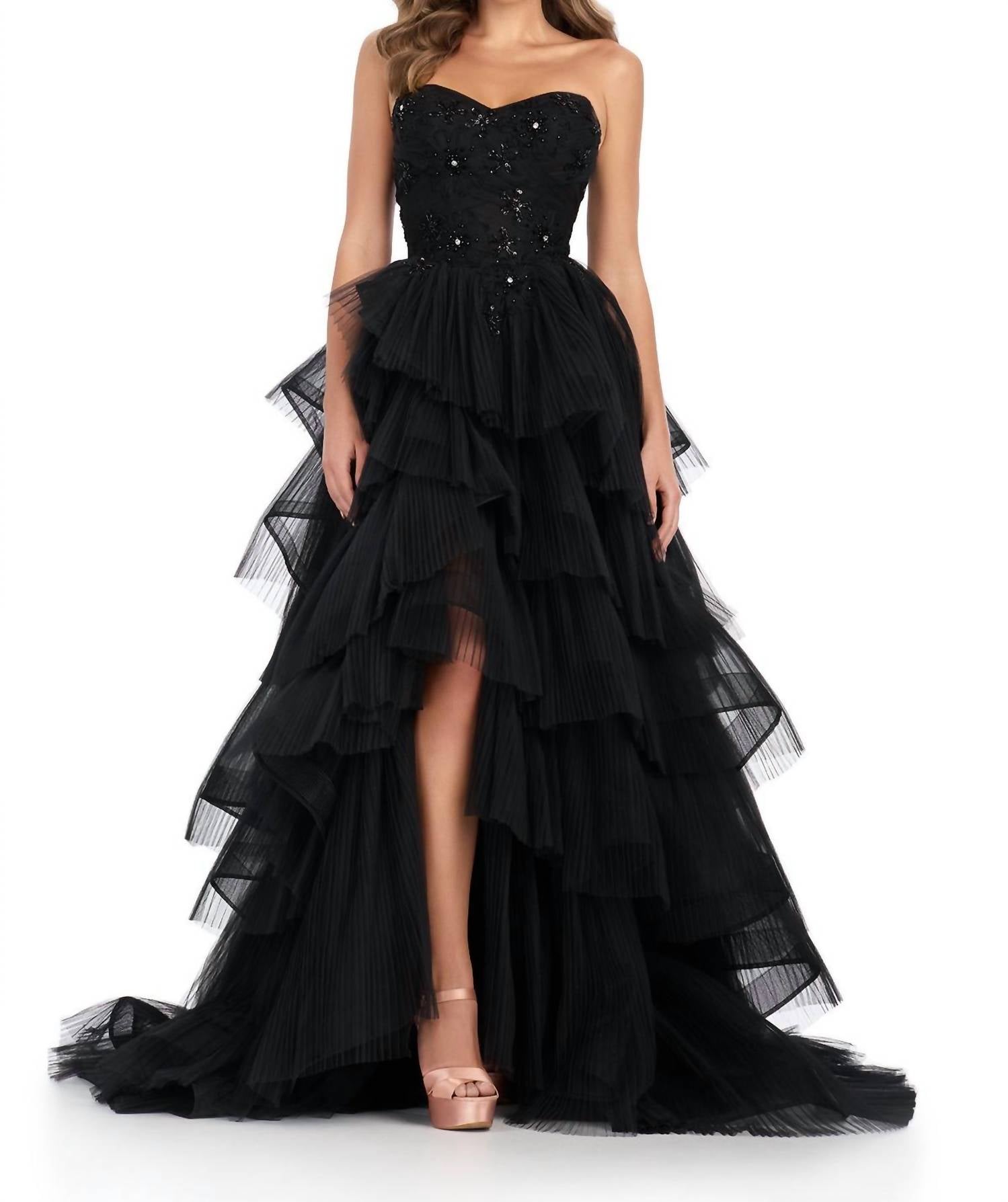 ASHLEYlauren Crystal & Beaded Accents A-line Gown in black - women's dress