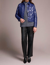 Tribal - Faux Leather Button-front Collar-accent Jacket