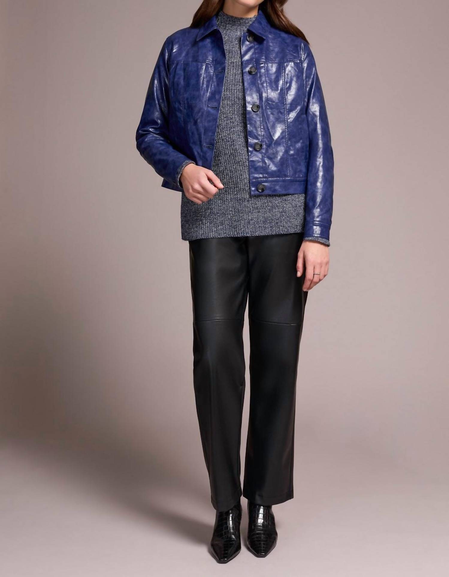 Tribal - Faux Leather Button-front Collar-accent Jacket