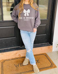Birdie She Is Worthy Graphic Crewneck Sweatshirt in charcoal - women's top