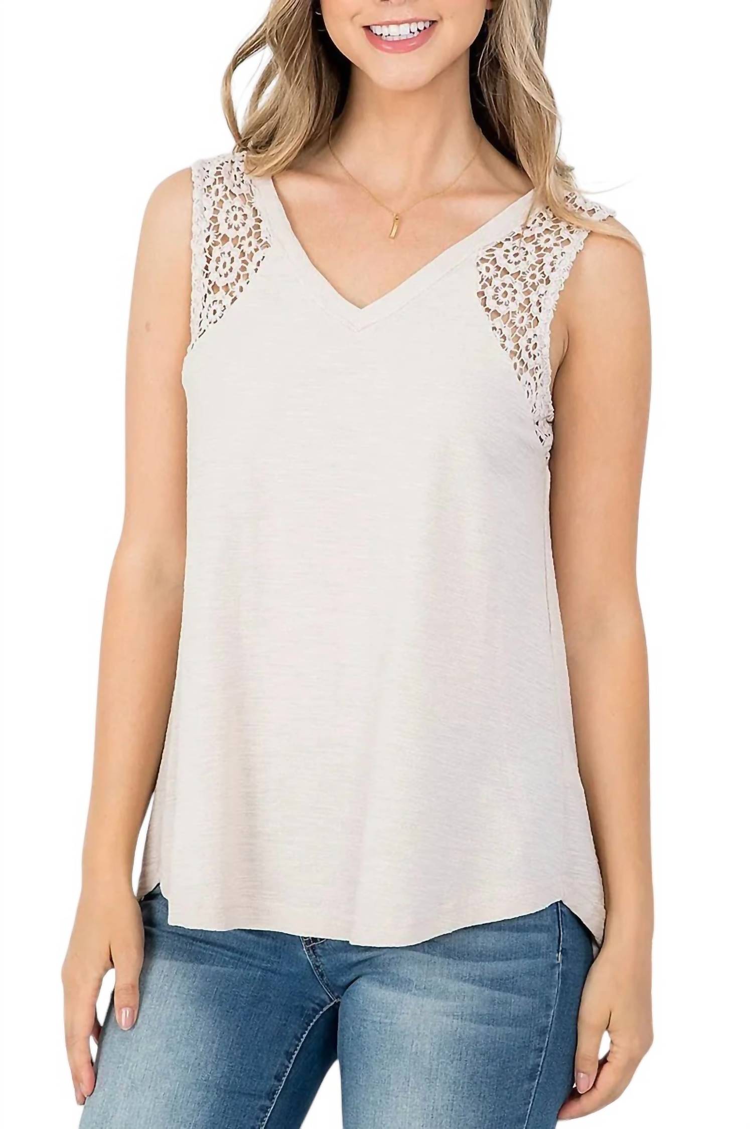 Doe And Rae - VNECK TANK TOP WITH CROCHET DETAIL