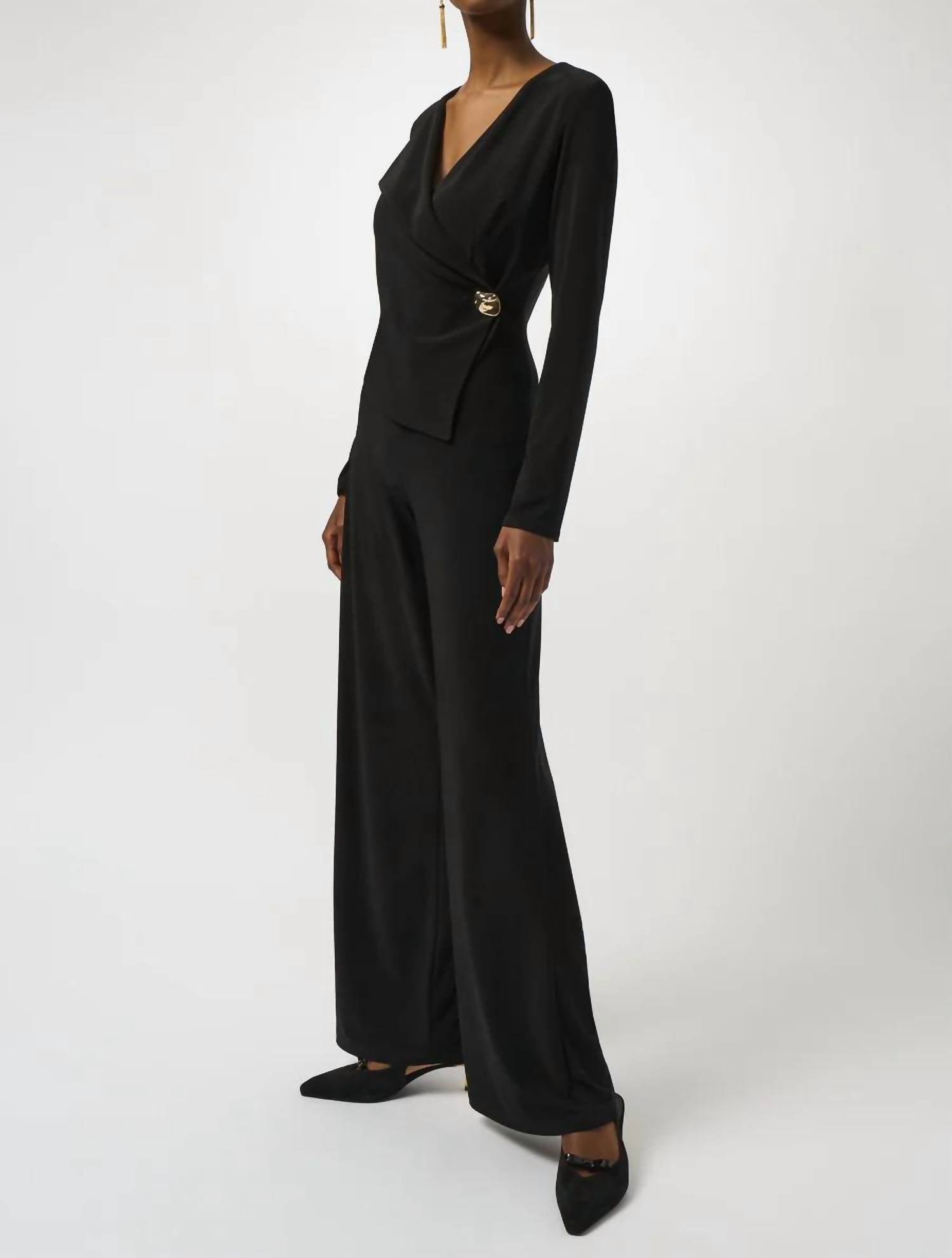 Joseph Ribkoff - Faux Wrap Long Sleeves Wide Leg Jumpsuit