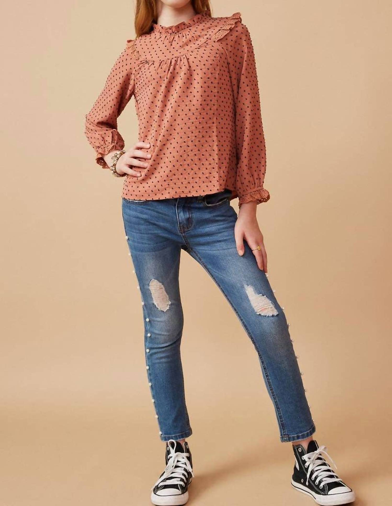 Hayden La - Girl's Lace Ruffle Detail Swiss Dot Blouse