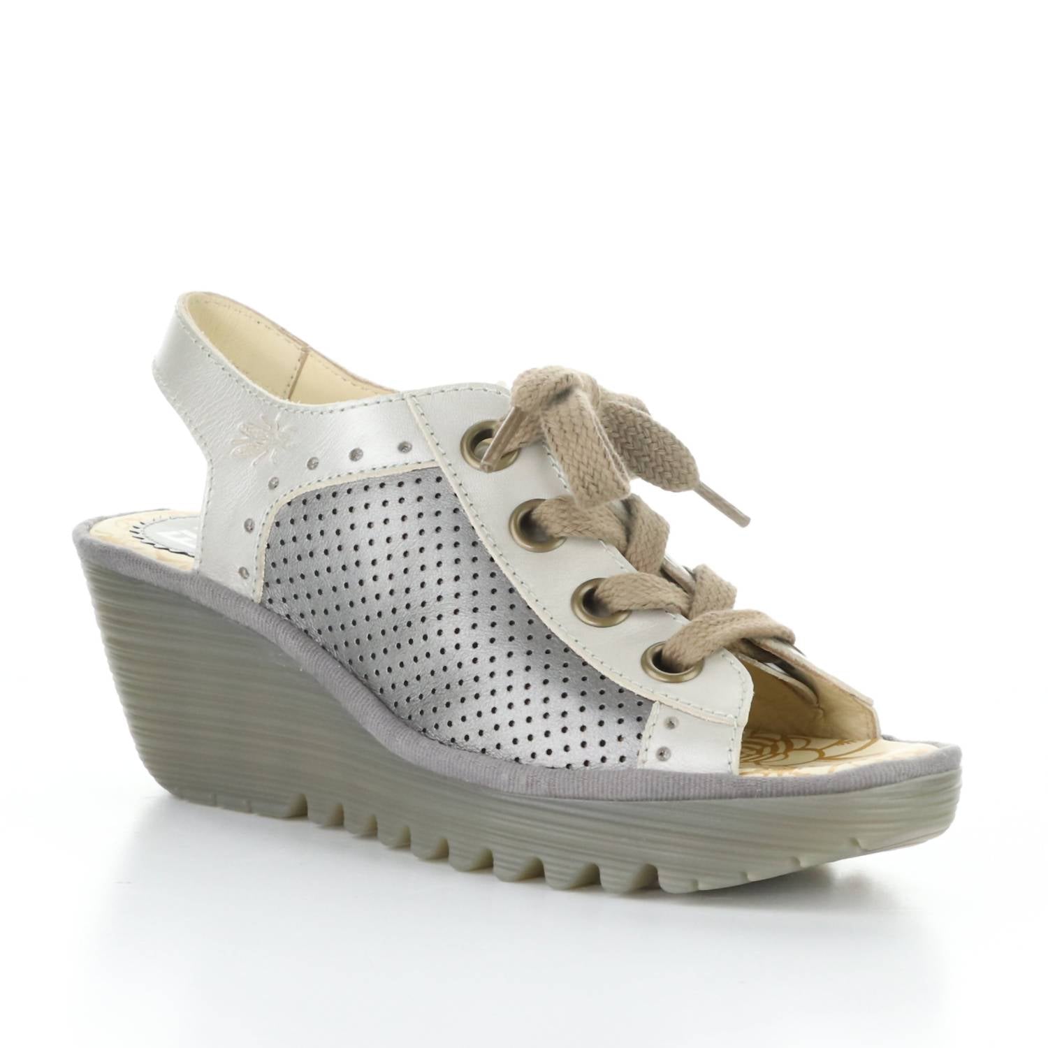 FLY LONDON Women's Yuta Wedge Sandals in silver metal - women's shoe
