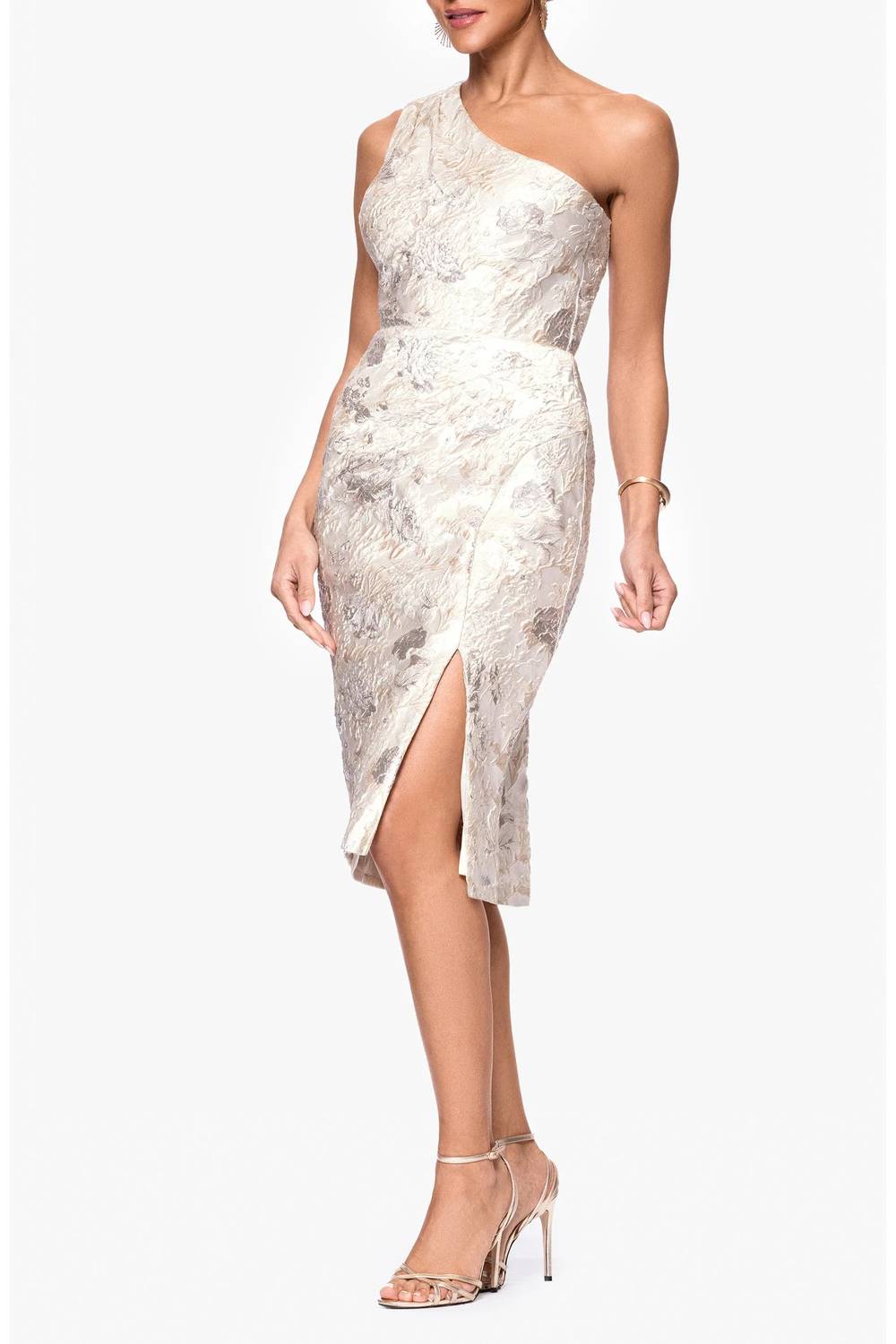 Xscape - Evenings Metallic Floral Jacquard One-shoulder Sheath Cocktail Dress