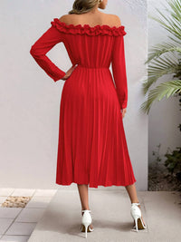 Ohsostyled - Off-shoulder Ruffle Pleated Midi Dress