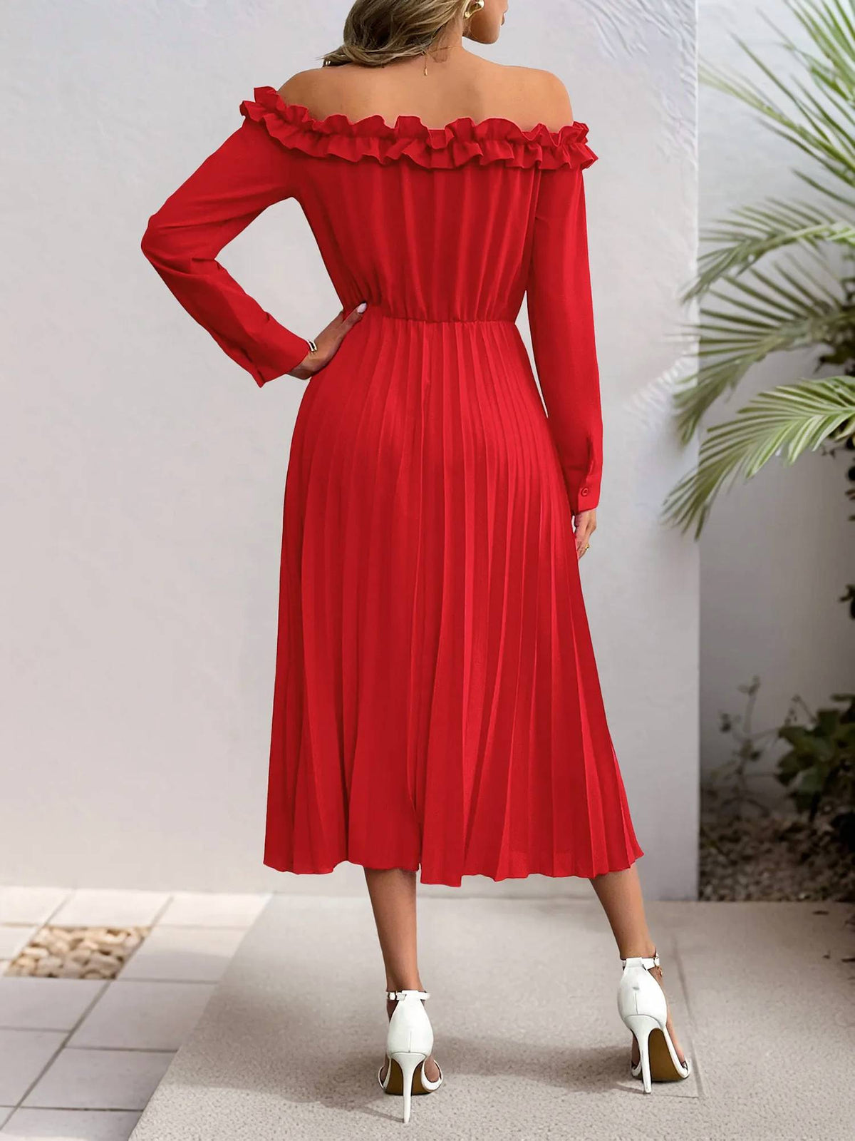 Ohsostyled - Off-shoulder Ruffle Pleated Midi Dress
