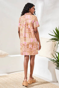 Tribal - Tropical Print Poplin Shift Short Sleeve Dress