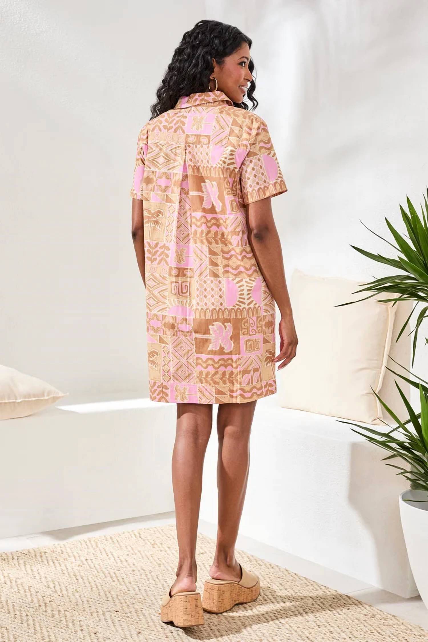 Tribal - Tropical Print Poplin Shift Short Sleeve Dress