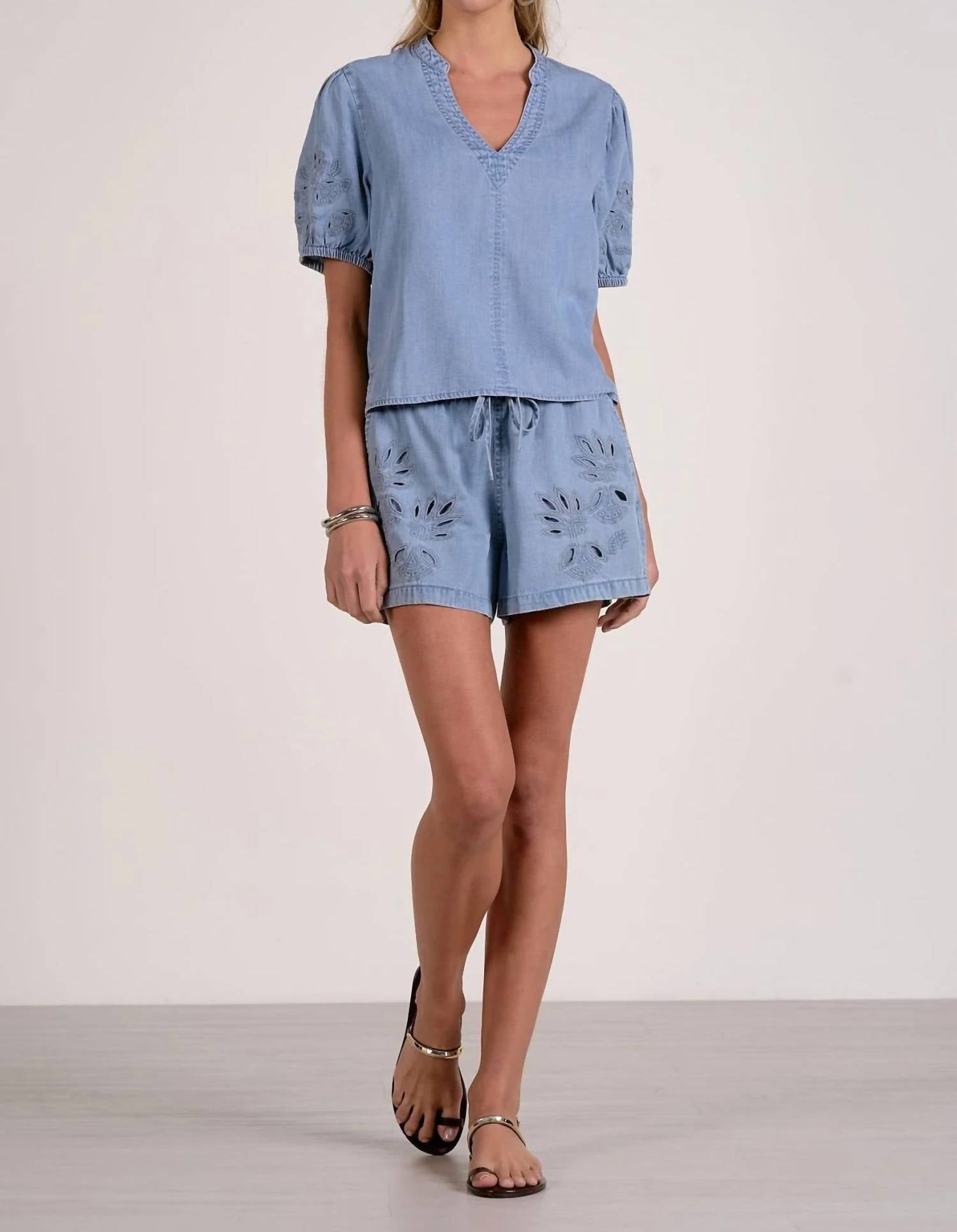 Elan - Short Sleeve Open Work Sleeves V-neck Top