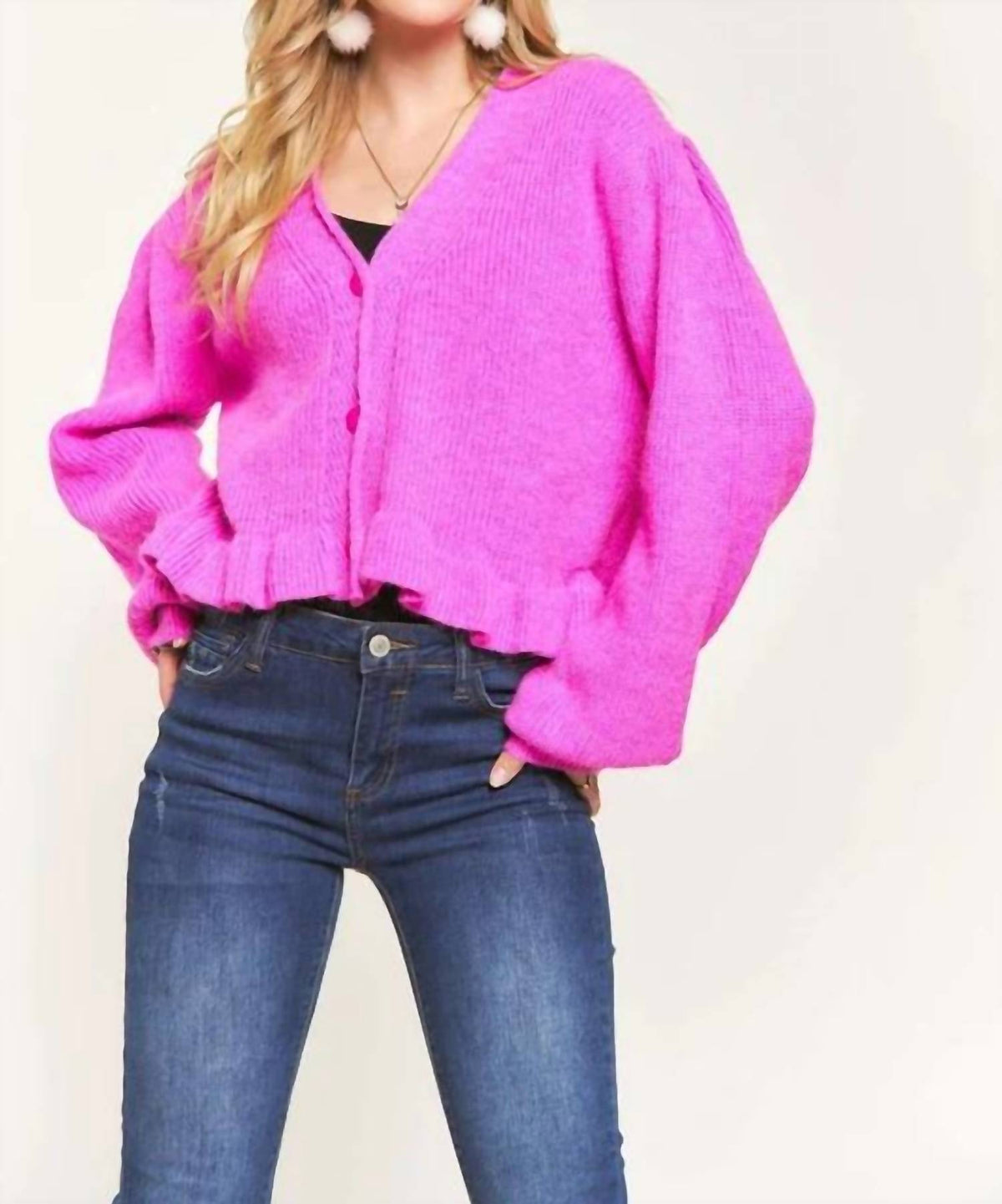 Adora - Puff Sleeve Button Down Sweater Cardigan