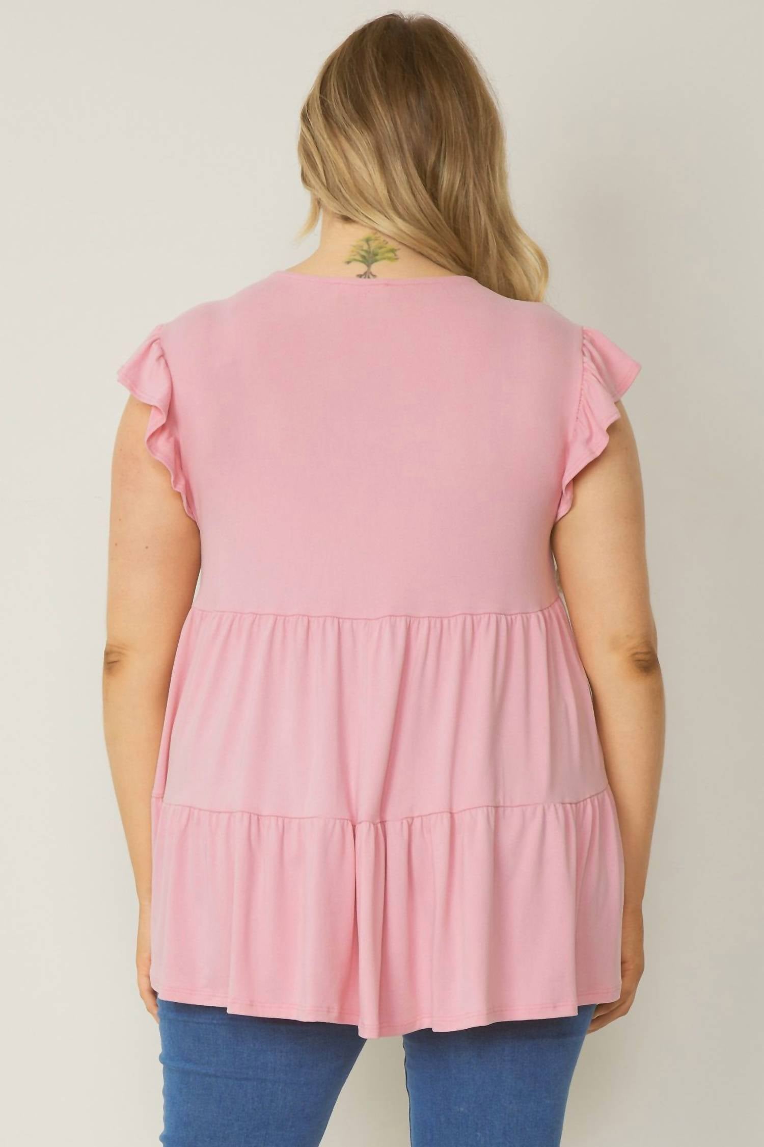entro Tiered Ruffle Babydoll Top in baby pink - women's shirt - detail view