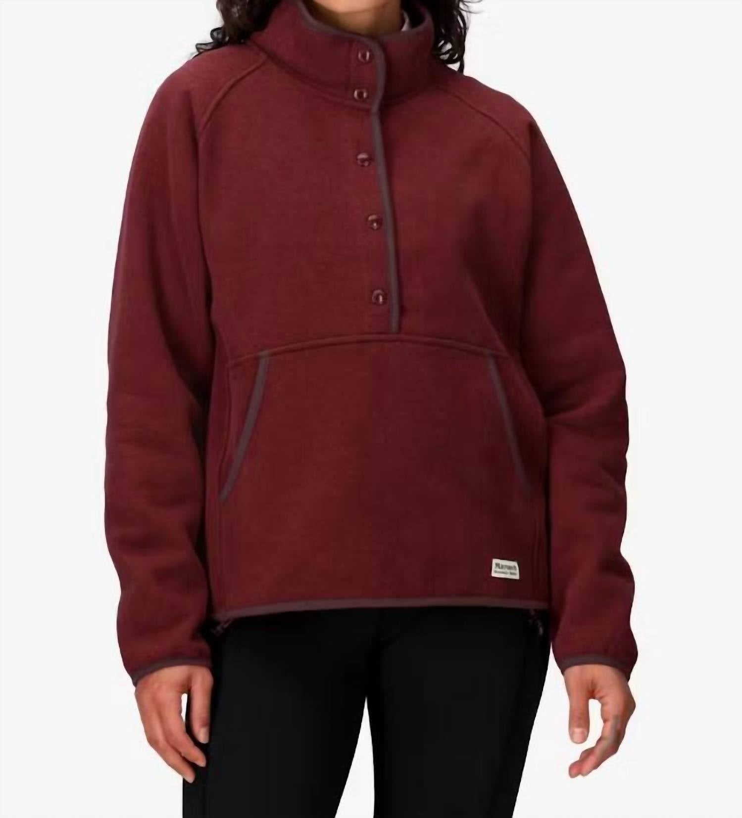 MARMOT Women's Peak Cozy Quarter Snap Pullover in acai berry heather - women's jacket - detail view