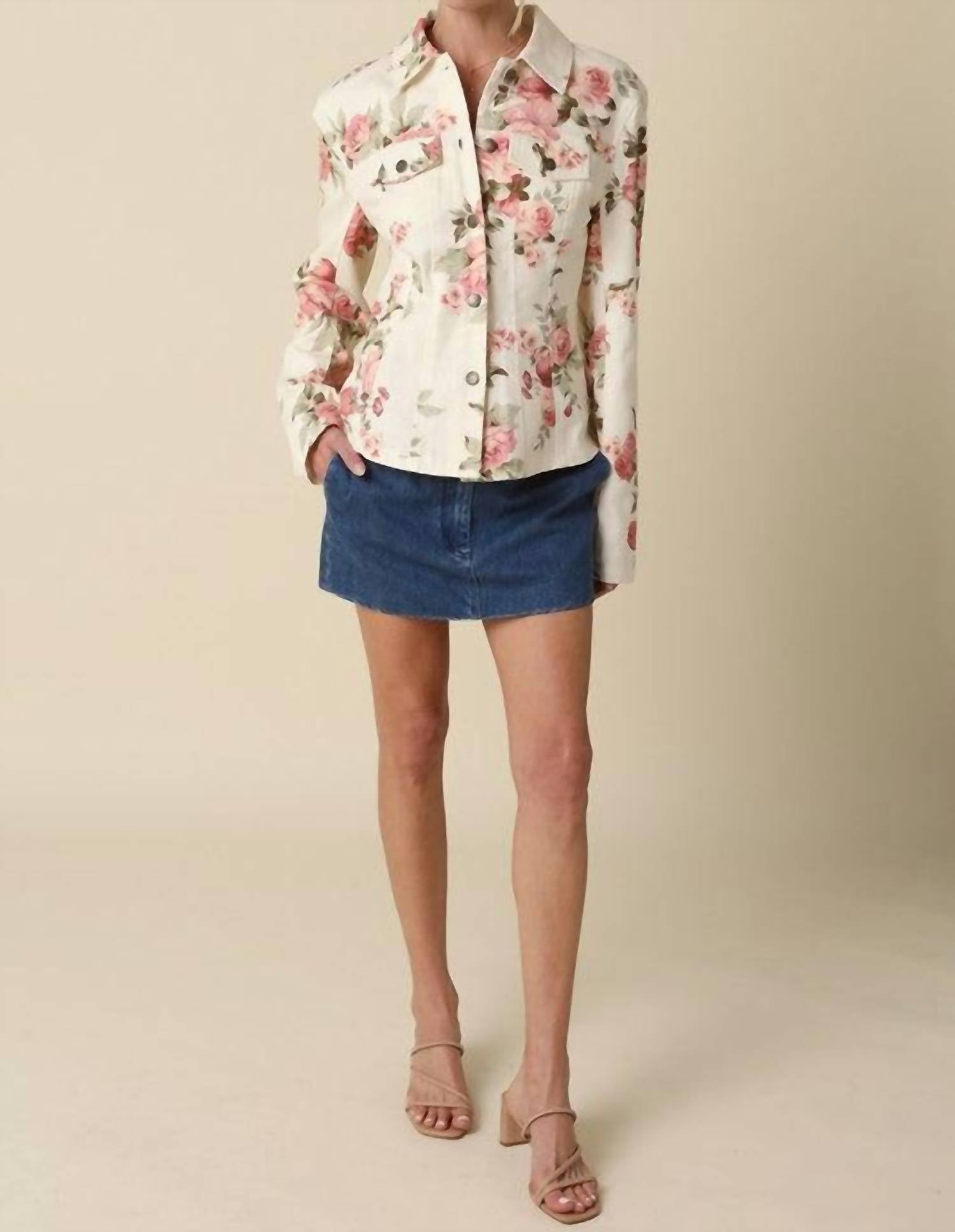OLIVACEOUS Ciara Denim Floral Shirt Jacket in multi - women's jacket - view 4