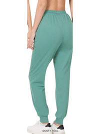 ZENANA French Terry Drawstring Joggers in dusty teal - women's pants - detail view