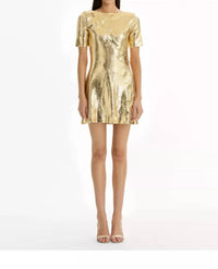 Oscar de la Renta Short Sleeve Foil Lace Embroidered Knit Dress in gold - women's dress