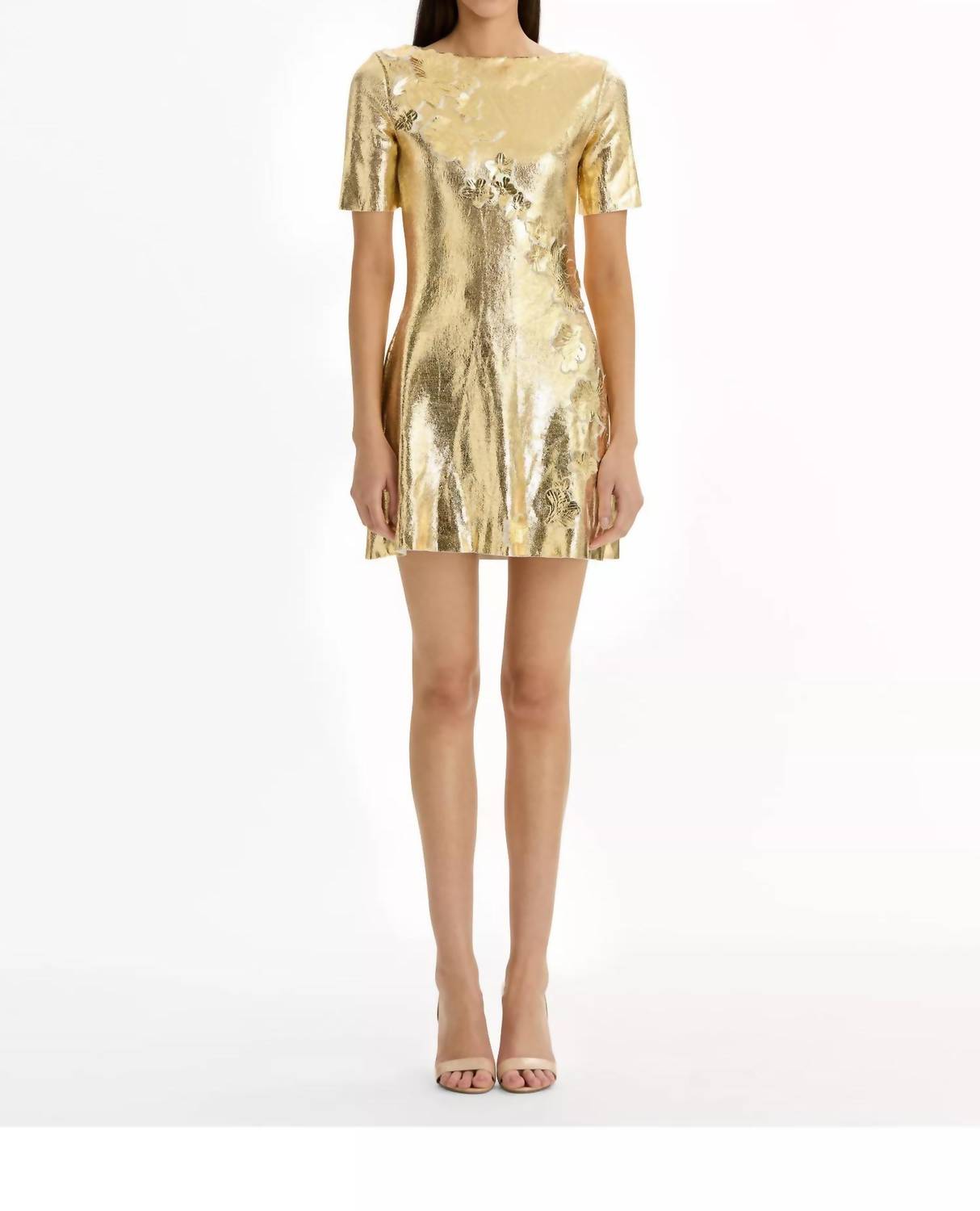 Oscar de la Renta Short Sleeve Foil Lace Embroidered Knit Dress in gold - women's dress
