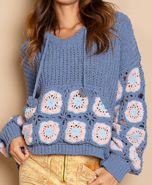 Pol - Cornflower Crochet Square Patch Hooded Pullover Sweater