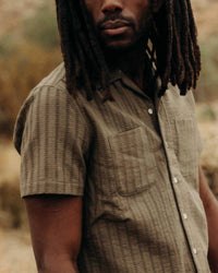 Taylor Stitch Conrad Short Sleeve Shirt in fatigue olive dobby - men's t-shirt - detail view