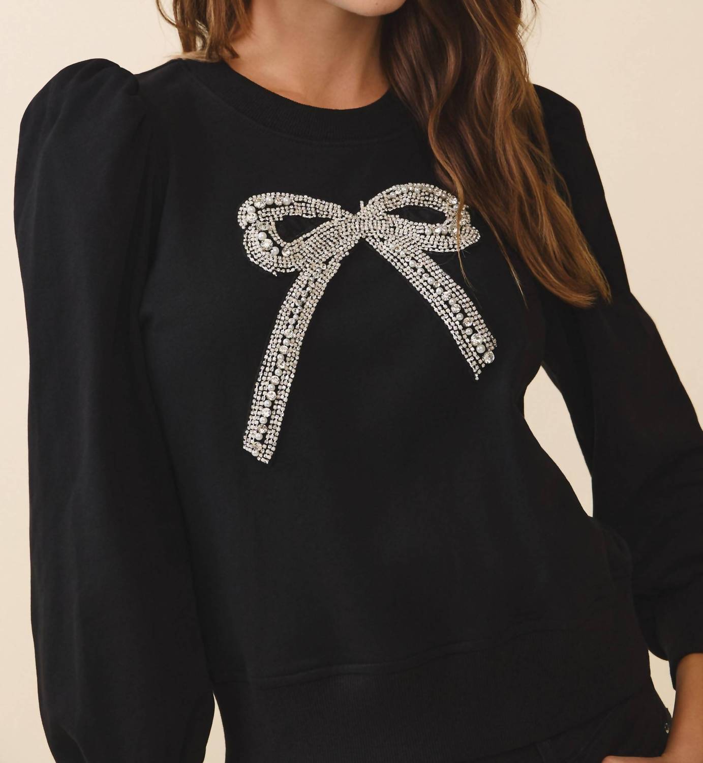 TCEC Front Crystal Embellished Bow Detail Sweatshirt in black - women's top - view 5