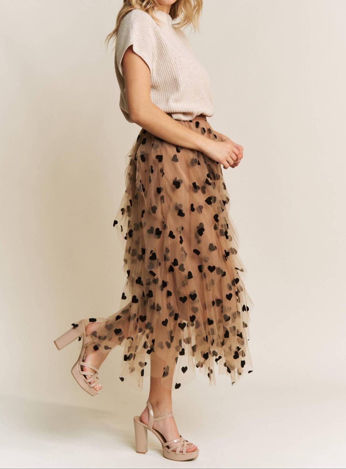 Sweet Generis All Frills Velvet Heart Flocked Midi Skirt in mocha - women's skirt - view 6
