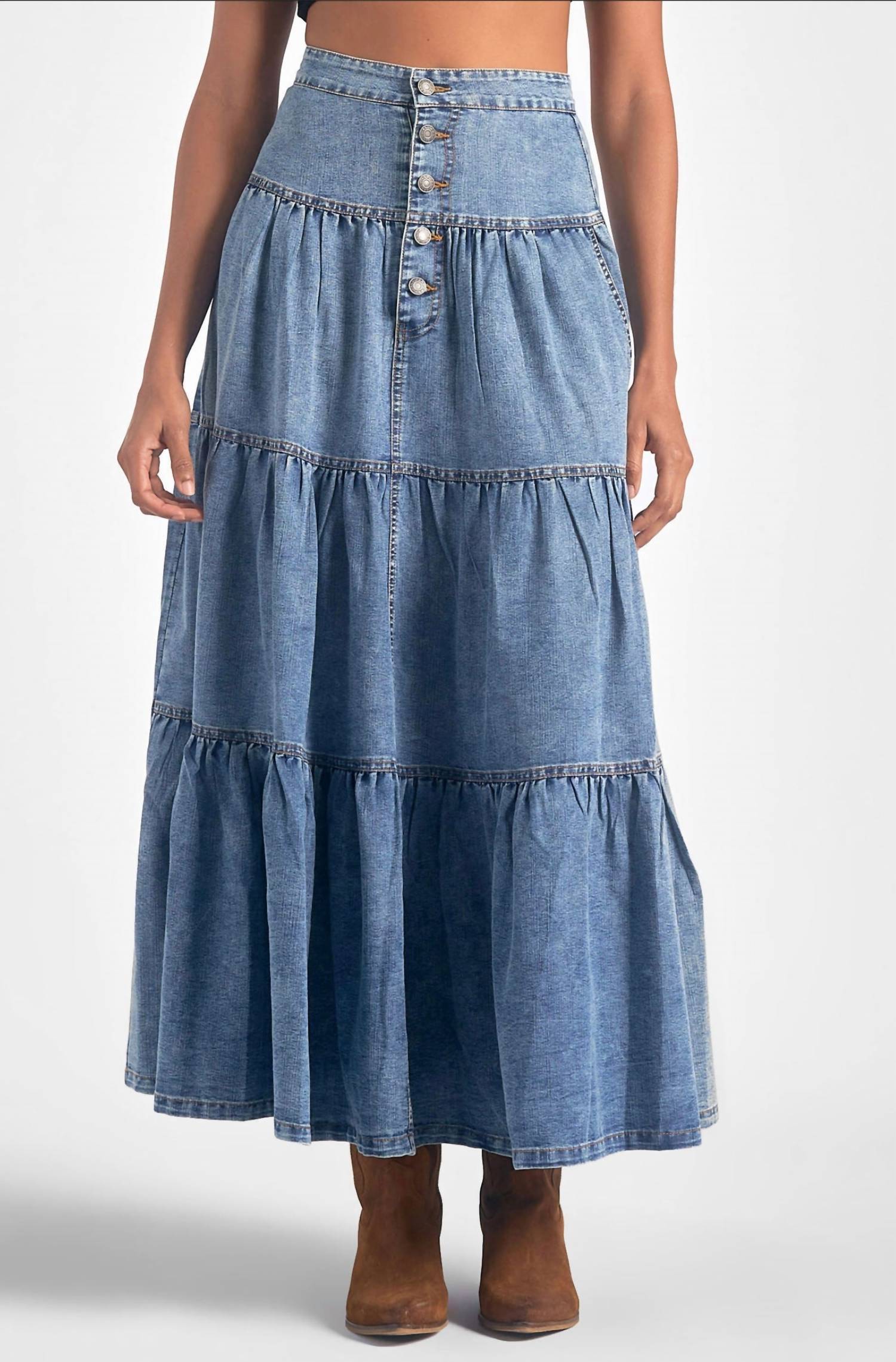 Elan - Tiered Denim Ruffle Skirt
