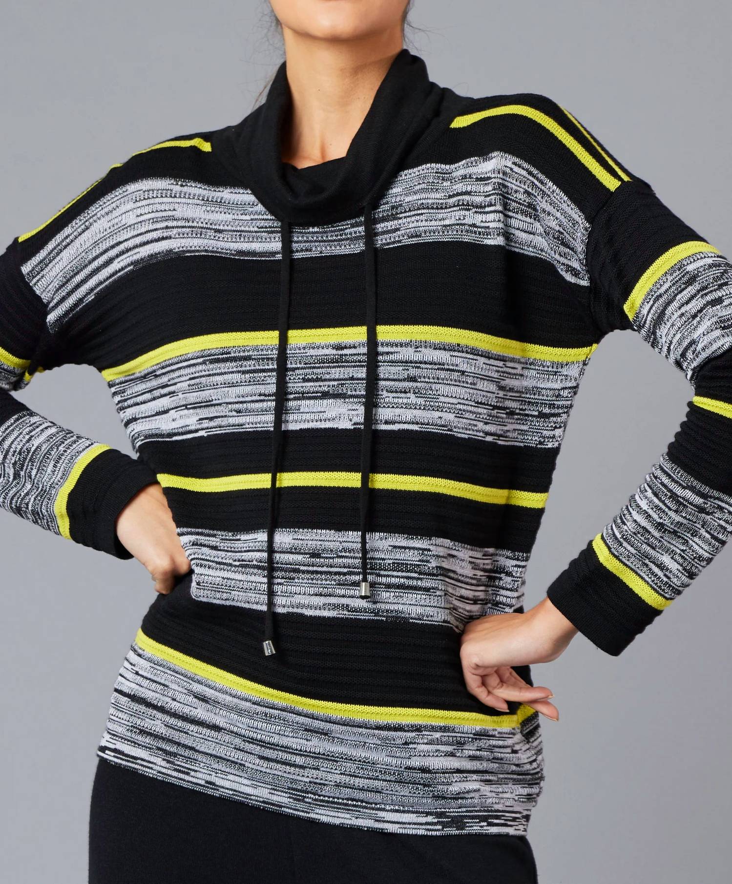 French Kyss - Striped Drawstring Cowl Neck Sweater