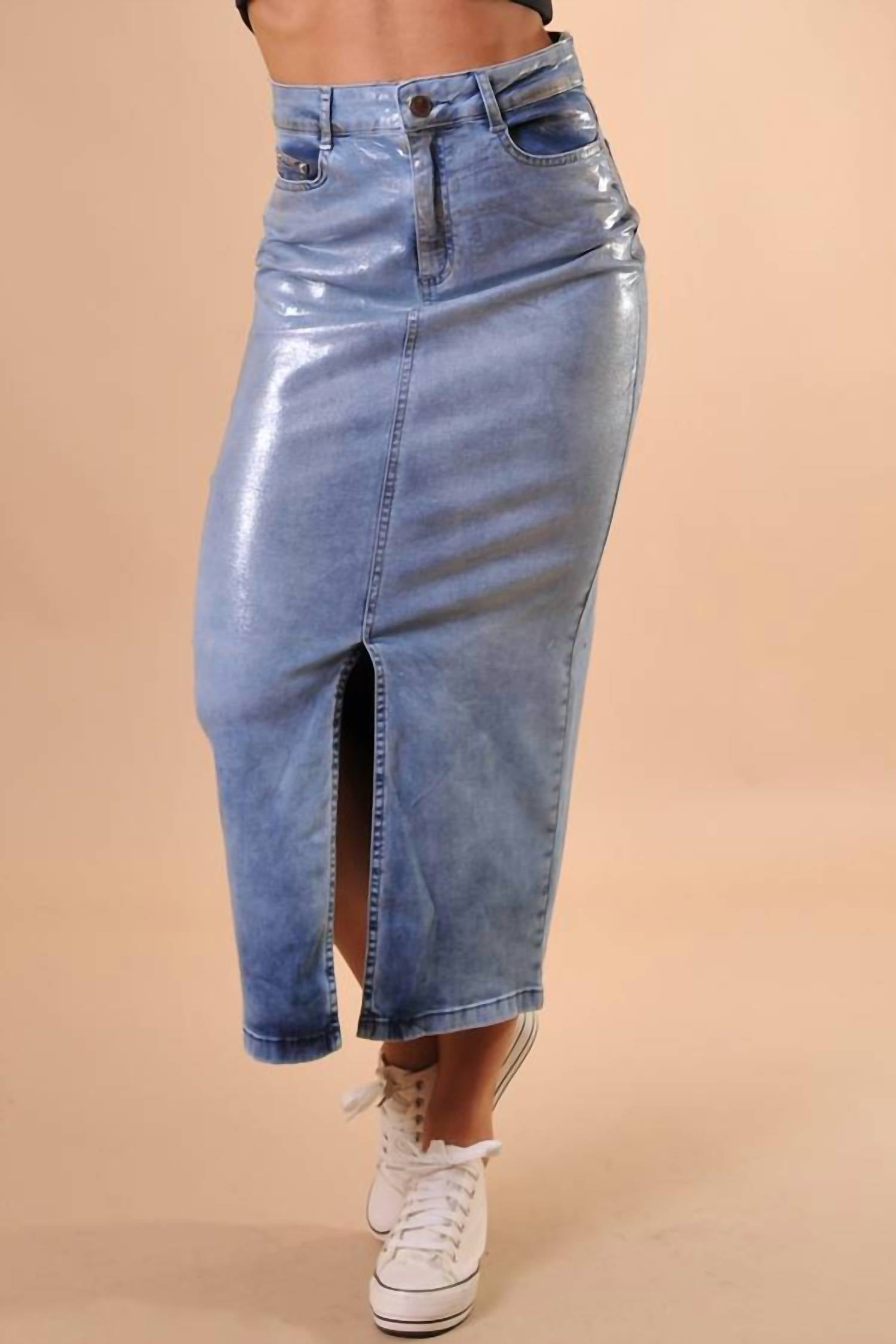 Lizette Collection - Metallic Denim Midi Skirt